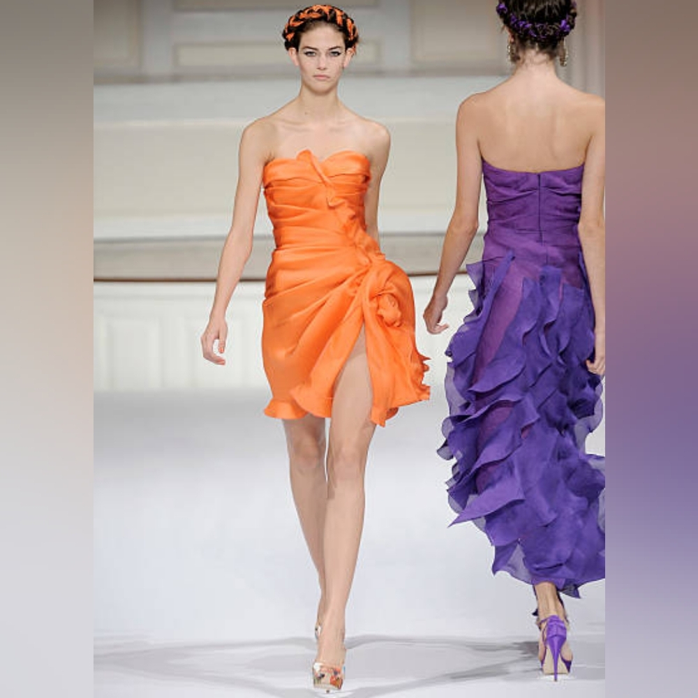 ◇$4,500 NEW OSCAR DE LA RENTA ORANGE  SILK FLOWER RUNWAY DRESS US 12 - Picture 7 of 13